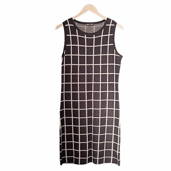 Adrienne Vittadini Sweater Knit Dress Gray Cream Windowpane Plaid Size Medium - Picture 2 of 11
